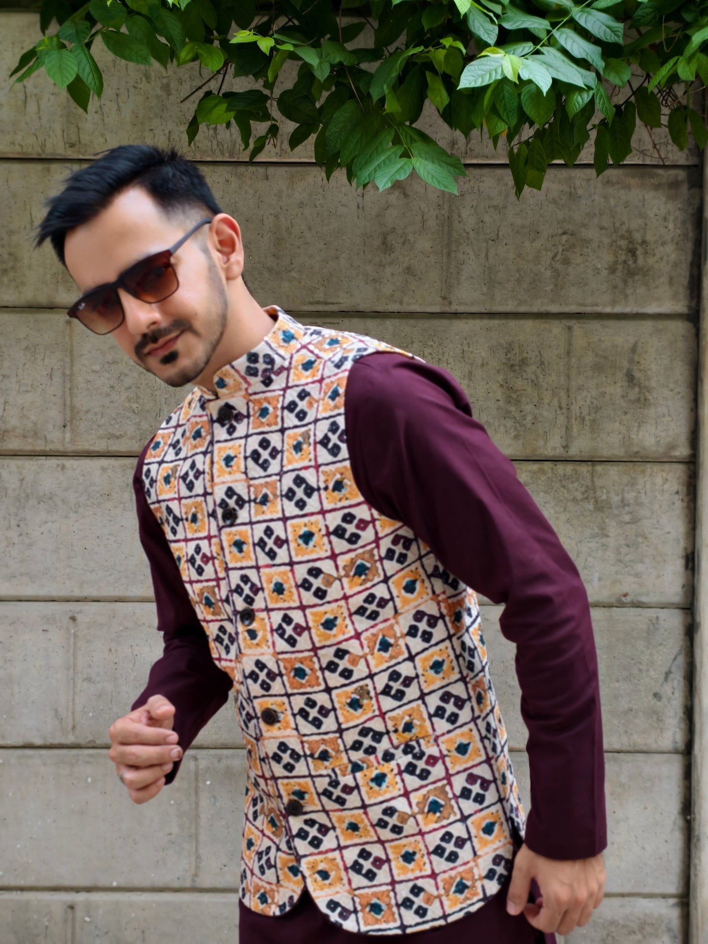 Men’s Multicolor Printed Nehru Jacket with Geometric Pattern | Ethnic Waistcoat for Wedding & Festive Wear