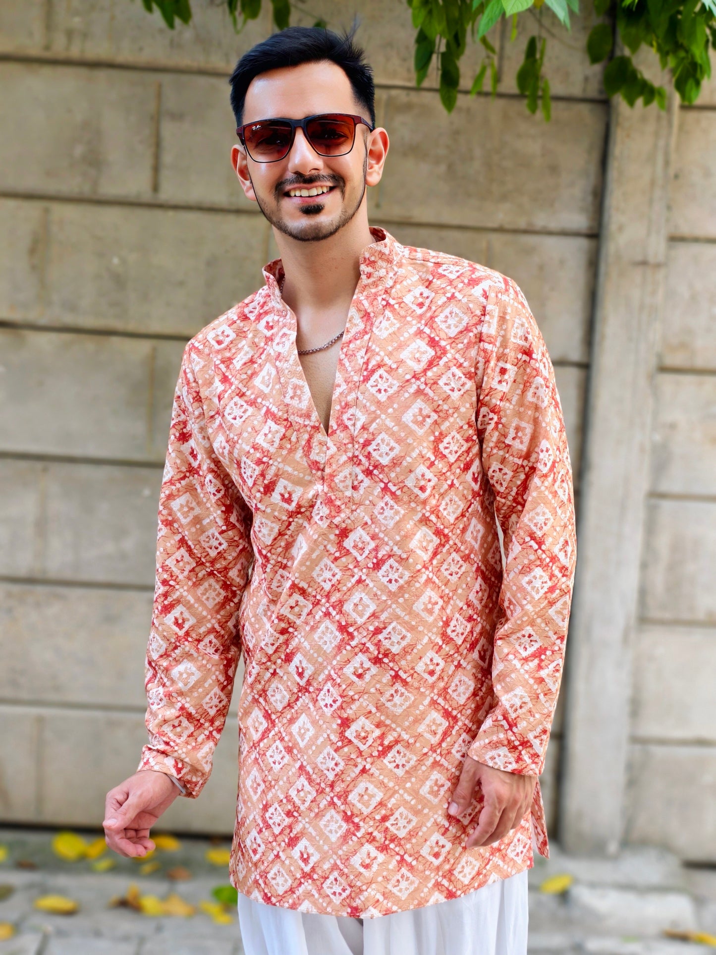 Men’s Split Neck Traditional Diamond Print Kurta Dhoti Set | Ethnic & Festive Wear