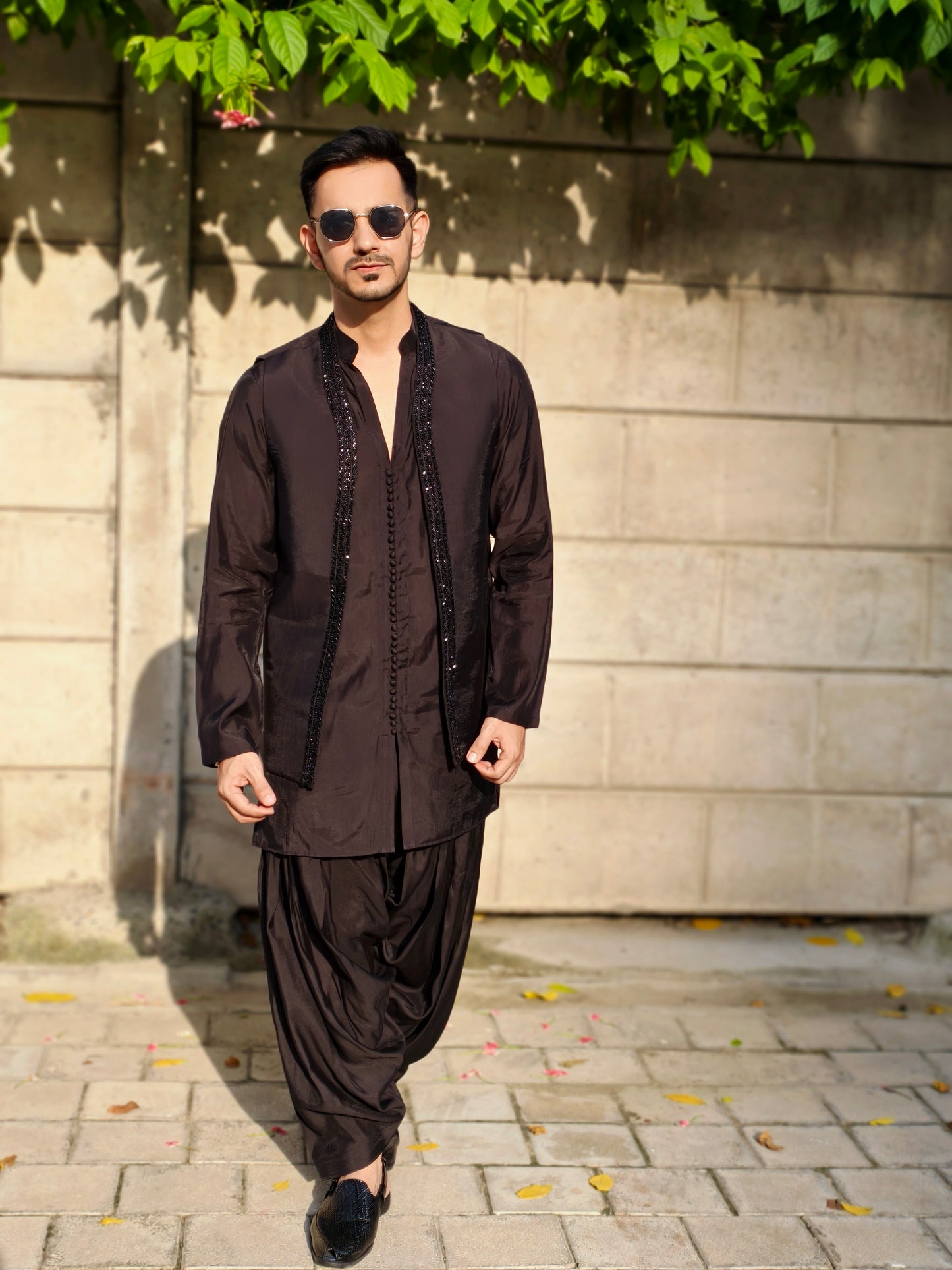 Men’s Black Designer Kurta Set with Pleated Dhoti Pants and Open Jacket