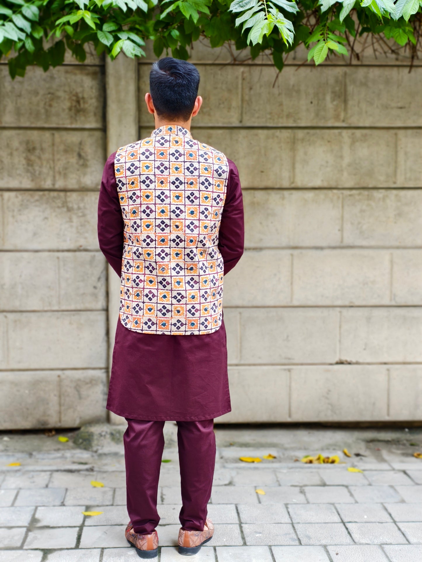 Men’s Multicolor Printed Nehru Jacket with Geometric Pattern | Ethnic Waistcoat for Wedding & Festive Wear