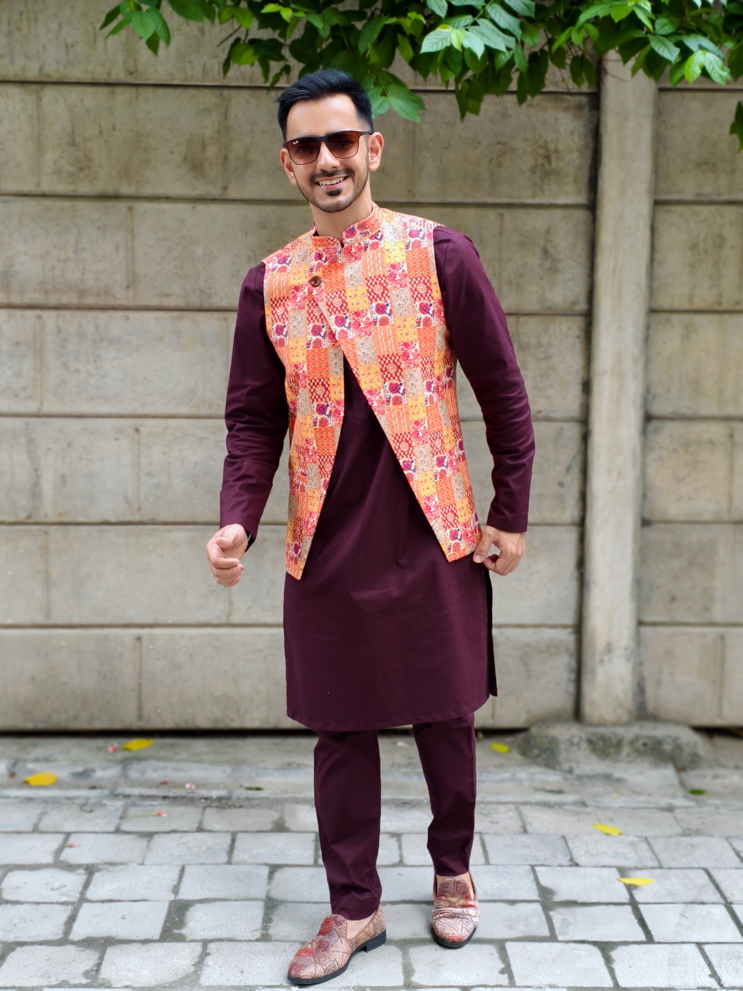 Men’s Multicolor Printed Asymmetrical Nehru Jacket | Festive & Wedding Ethnic Waistcoat for Kurta Pajama