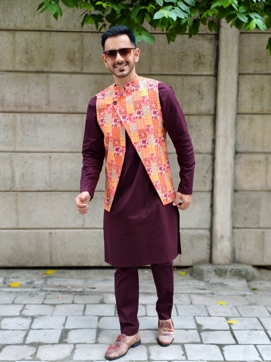 Men’s Multicolor Printed Asymmetrical Nehru Jacket | Festive & Wedding Ethnic Waistcoat for Kurta Pajama