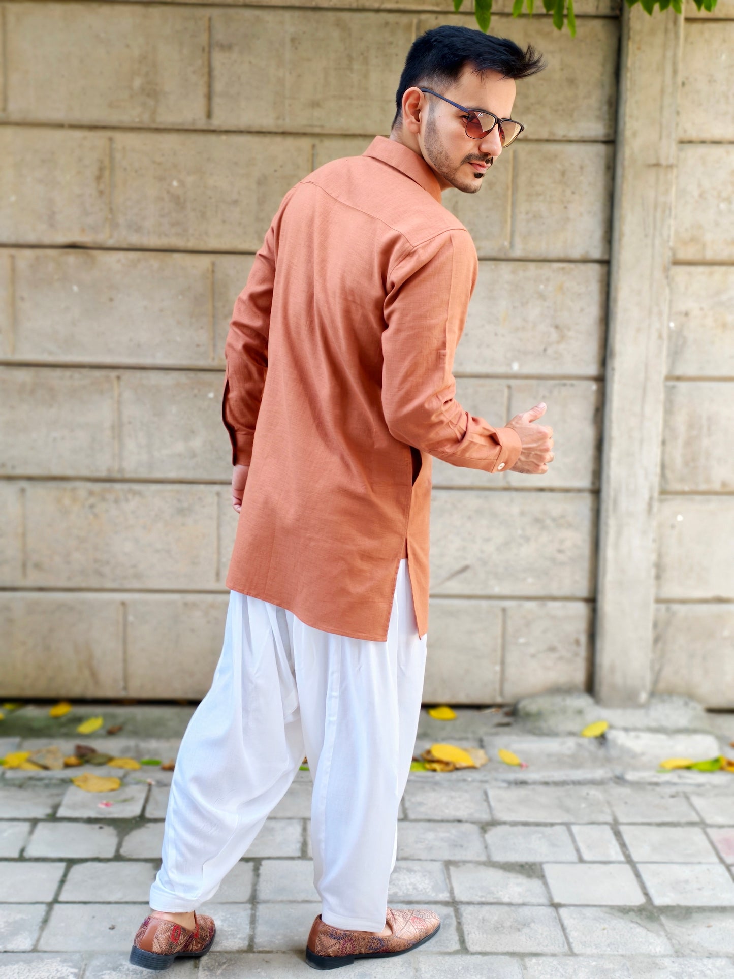 Men’s Coat Collar Rust Brown Button-Down Kurta with White Dhoti Salwar | Ethnic & Festive Wear