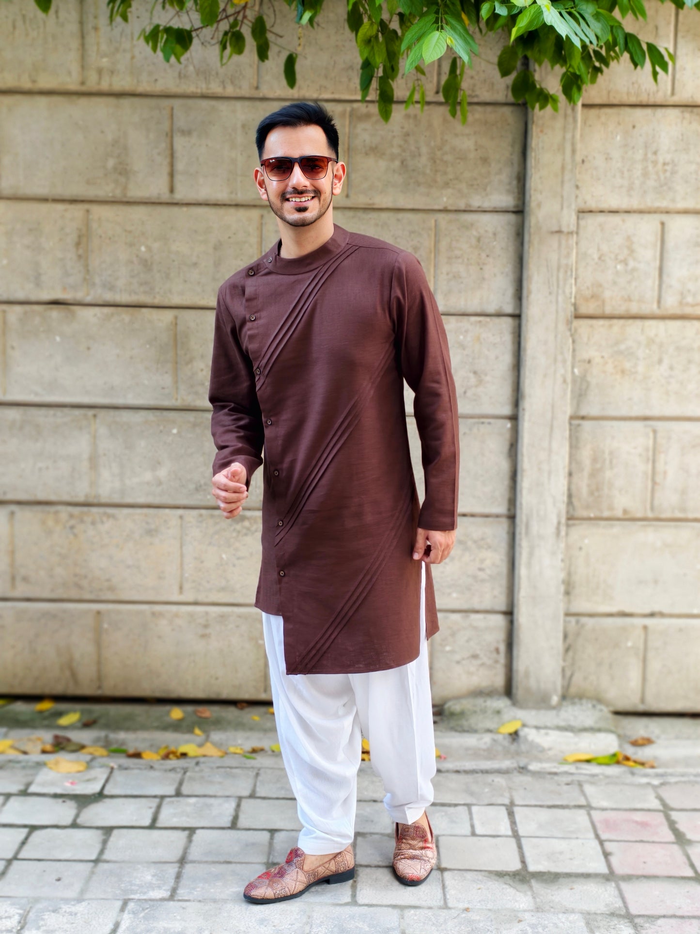 Men’s Brown Asymmetric Button Kurta with White Salwar | Ethnic Wear for Weddings & Festive Occasions
