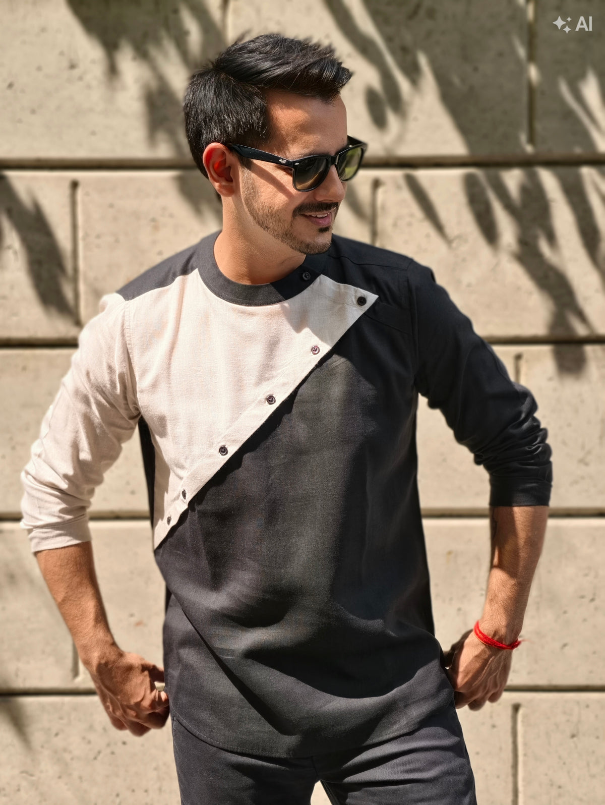 Black & Ecru Asymmetric Linen Short Kurta