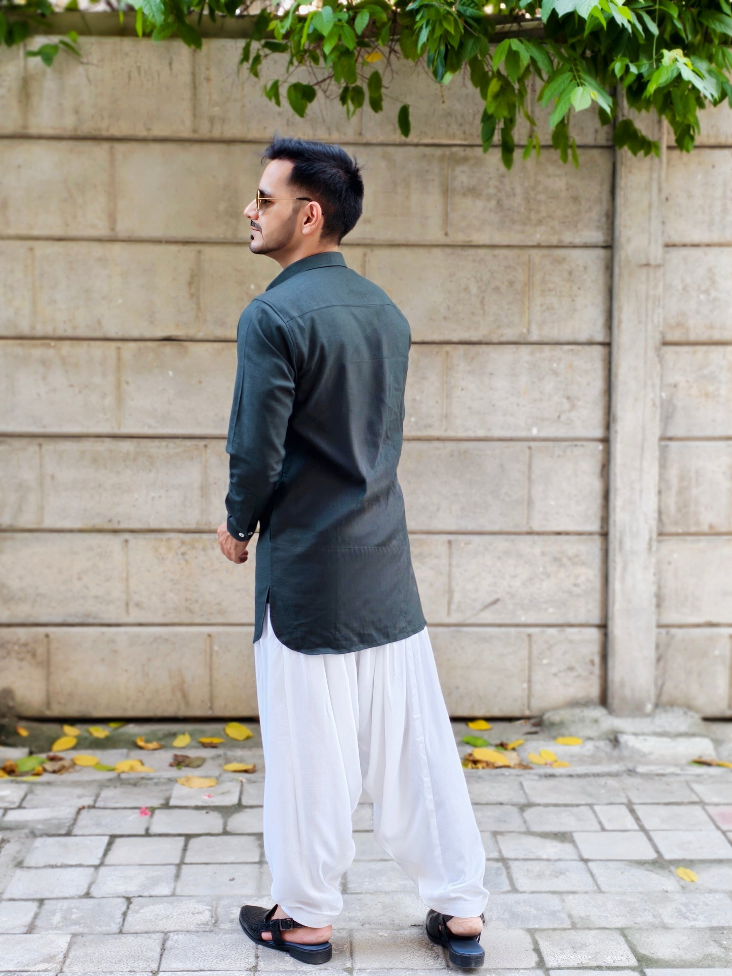 Men’s Dark Green Shirt-Style Kurta with White Dhoti Pants – Modern Ethnic Wear