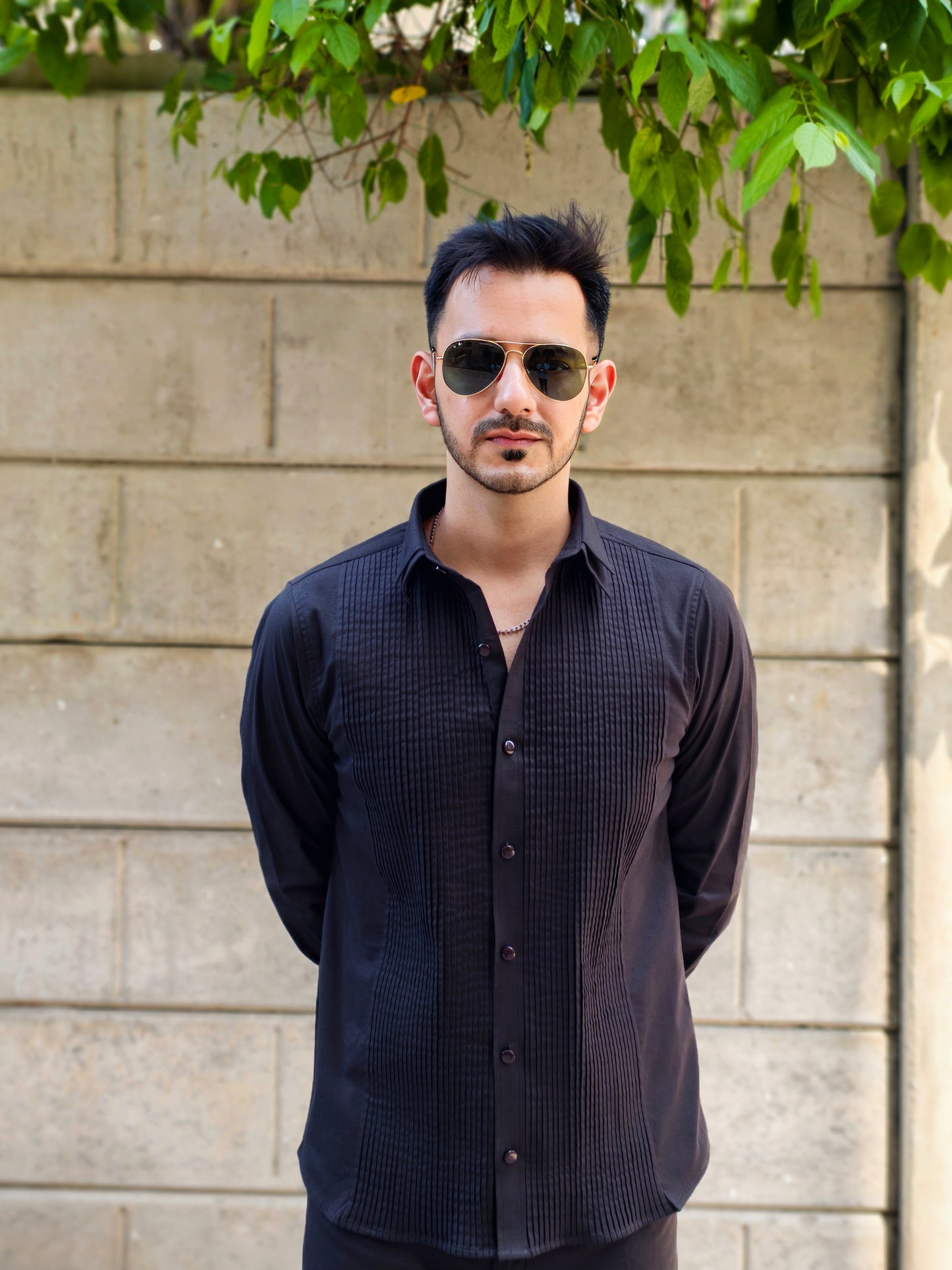 Men’s Black Double Collar Pintex Button-Down Shirt | Slim Fit Party & Office Wear