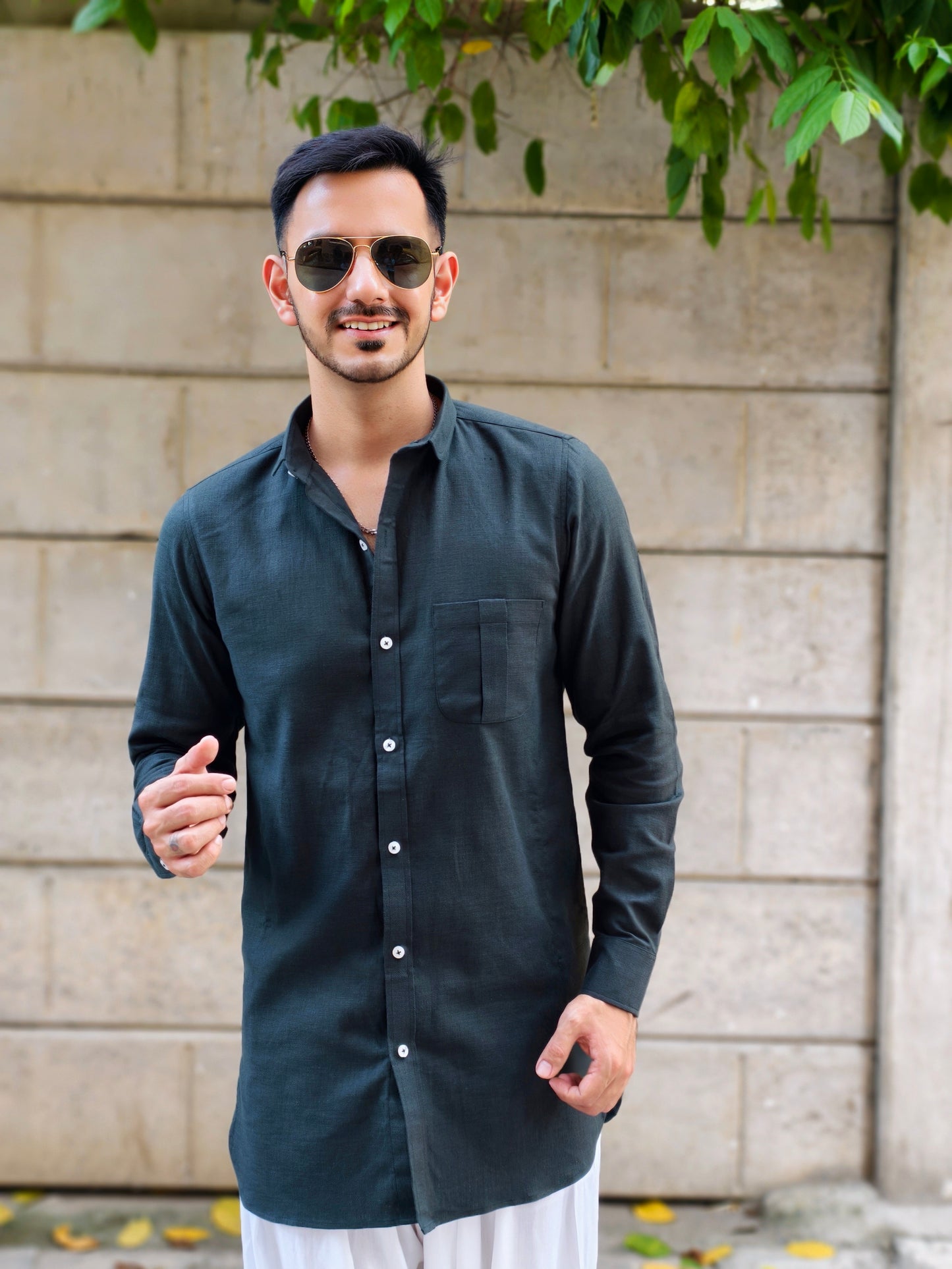 Men’s Dark Green Shirt-Style Kurta with White Dhoti Pants – Modern Ethnic Wear
