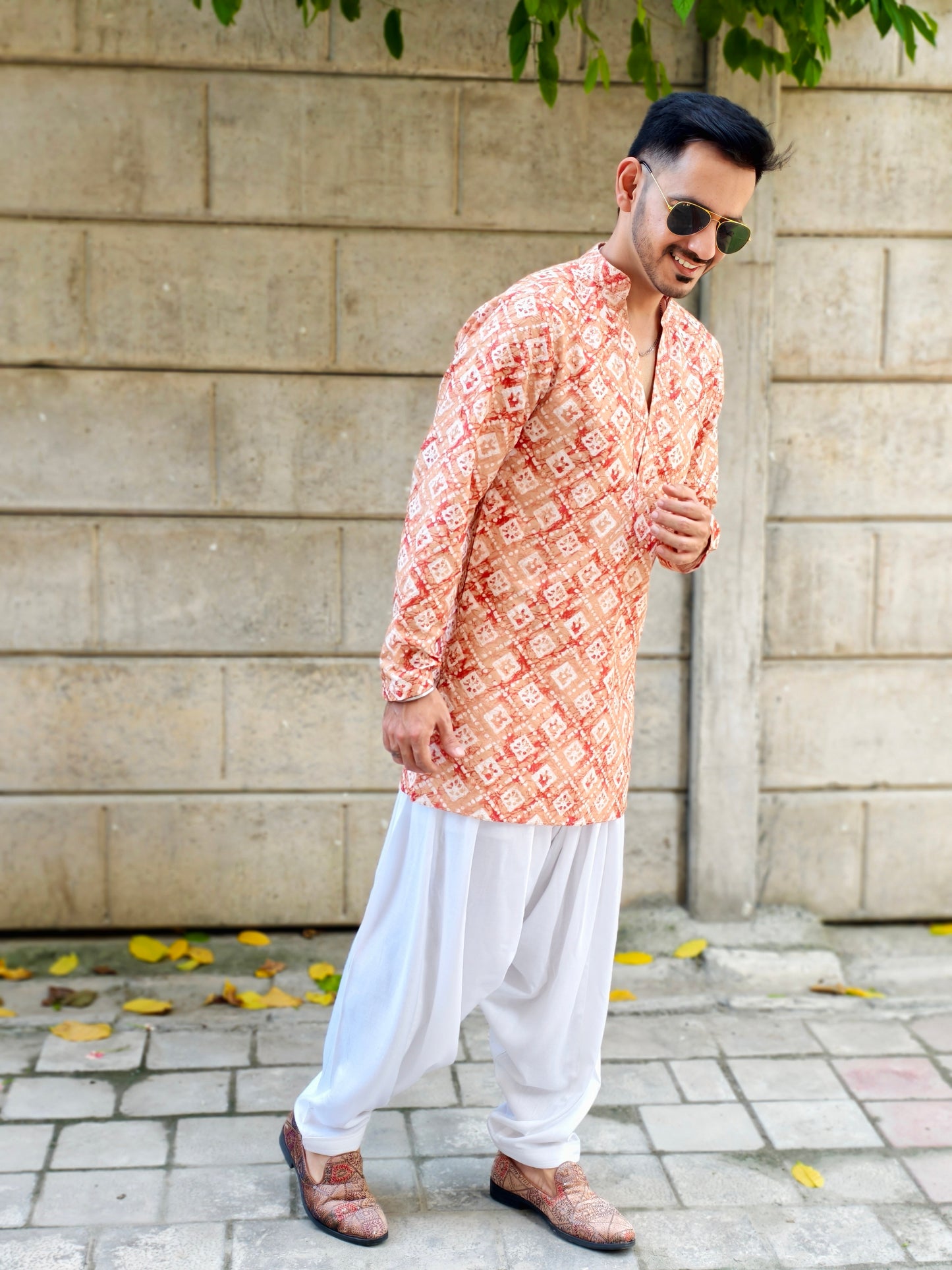 Men’s Split Neck Traditional Diamond Print Kurta Dhoti Set | Ethnic & Festive Wear