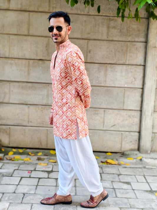 Men’s Split Neck Traditional Diamond Print Kurta Dhoti Set | Ethnic & Festive Wear
