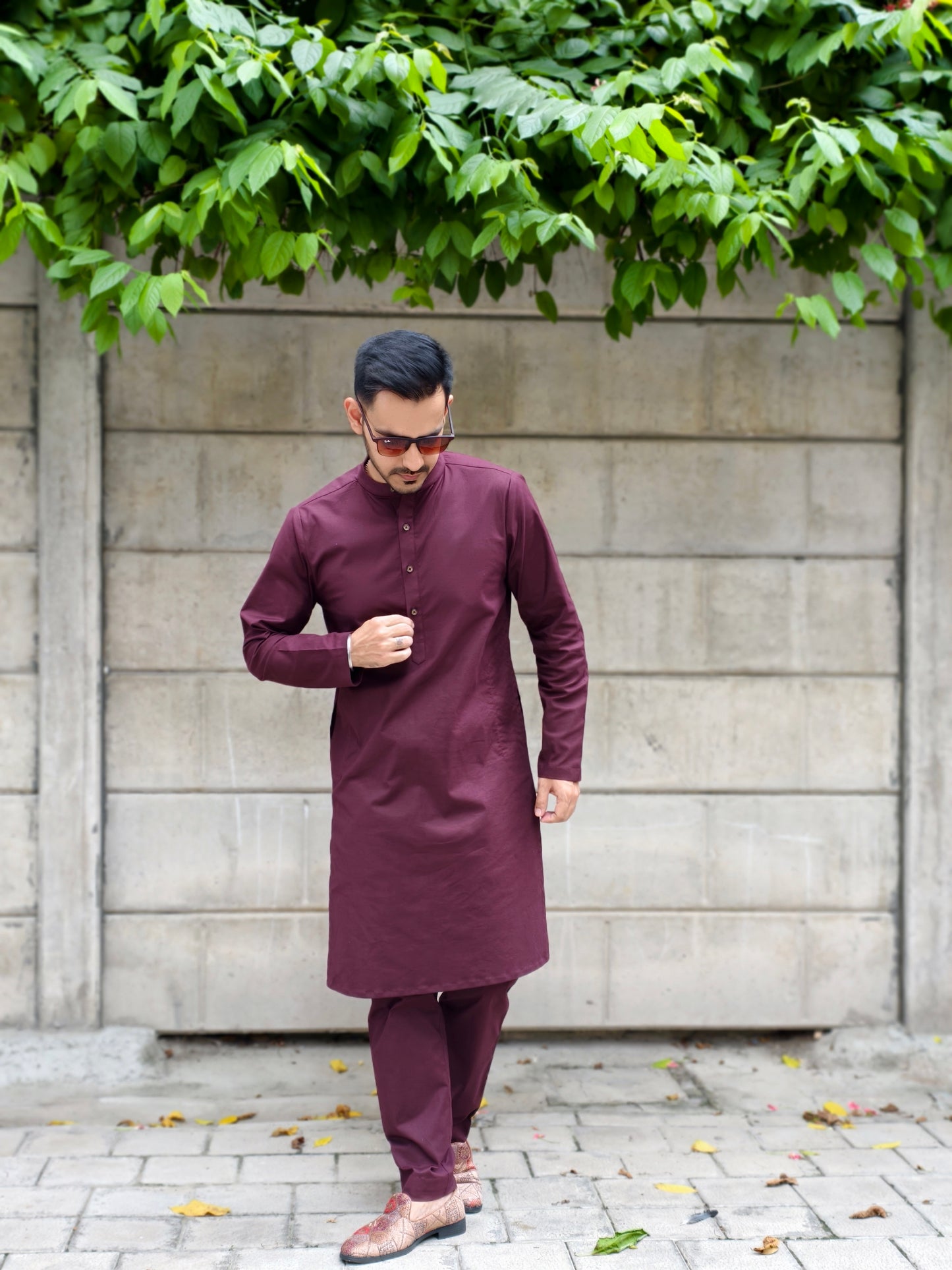 Men’s Solid Maroon Mandarin Collar Kurta Pajama Set | Ethnic Wear for Wedding, Festive & Party