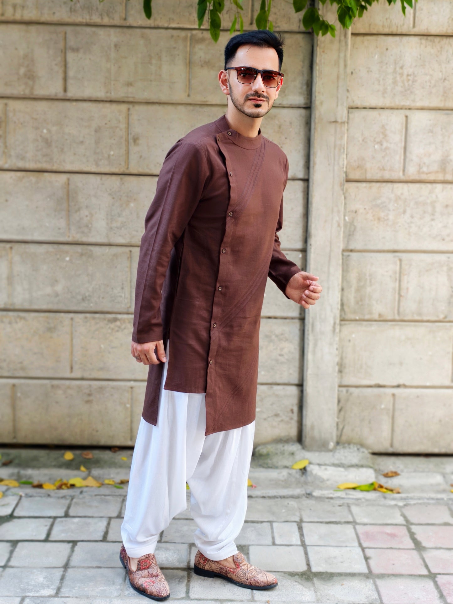 Men’s Brown Asymmetric Button Kurta with White Salwar | Ethnic Wear for Weddings & Festive Occasions