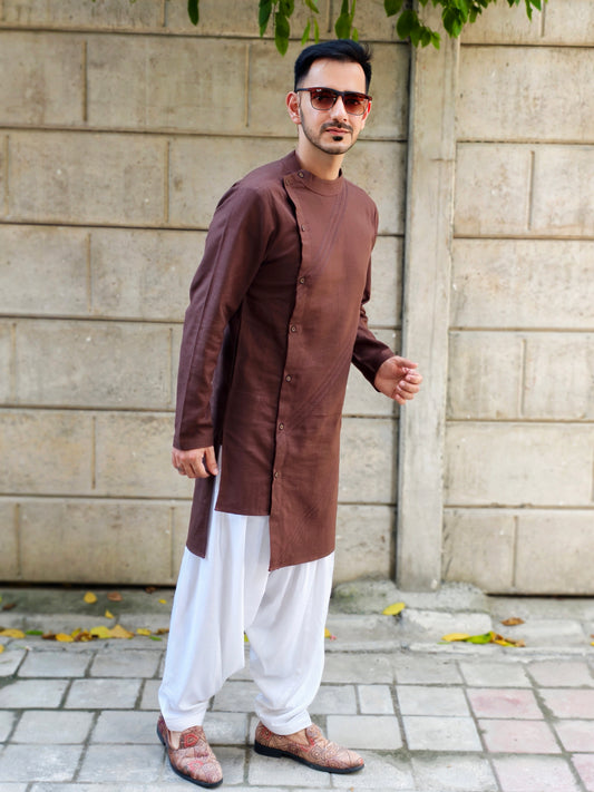Men’s Brown Asymmetric Button Kurta with White Salwar | Ethnic Wear for Weddings & Festive Occasions