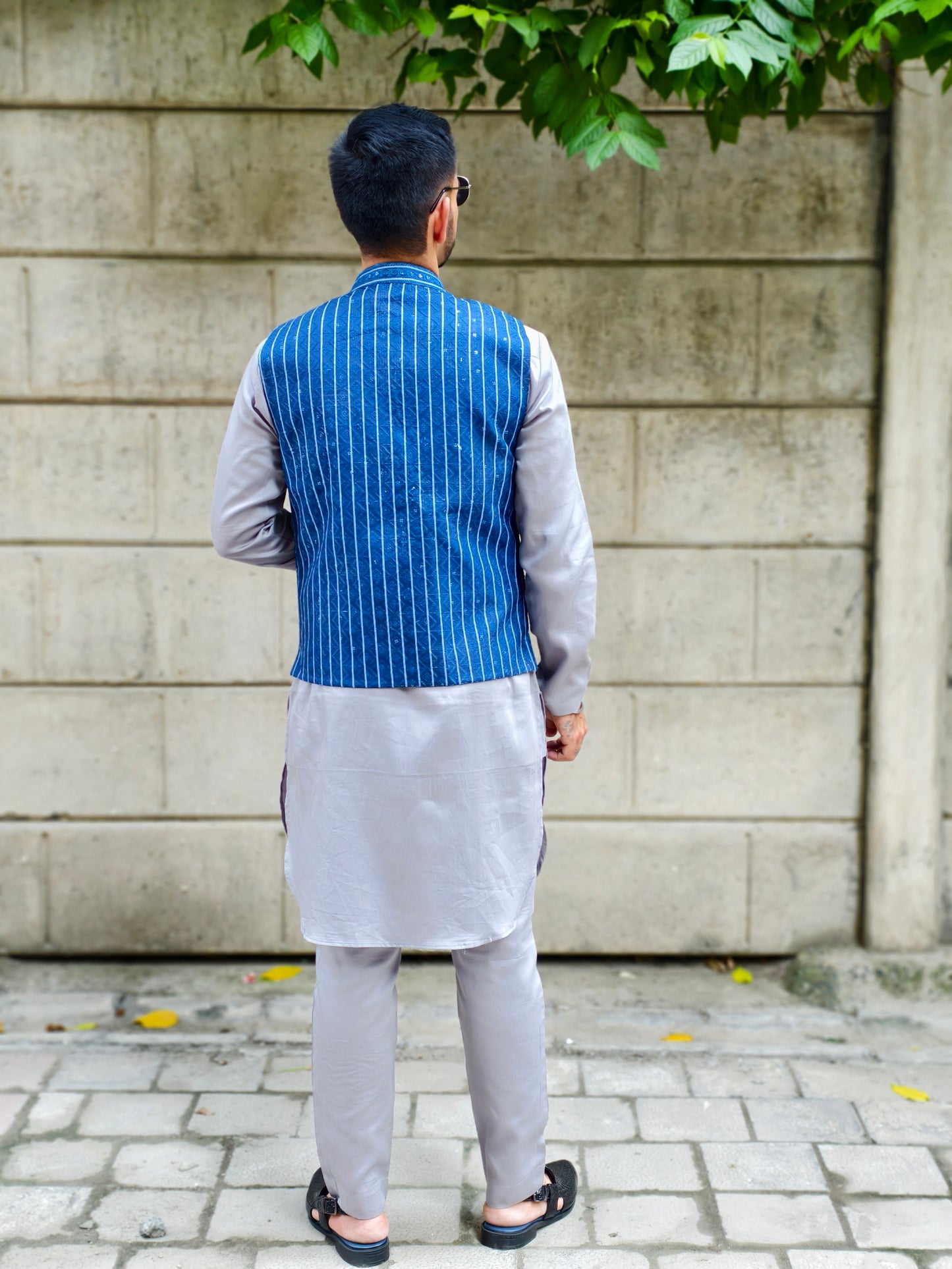 Men’s Stylish Blue Striped V-Style Nehru Jacket | Festive & Wedding Wear
