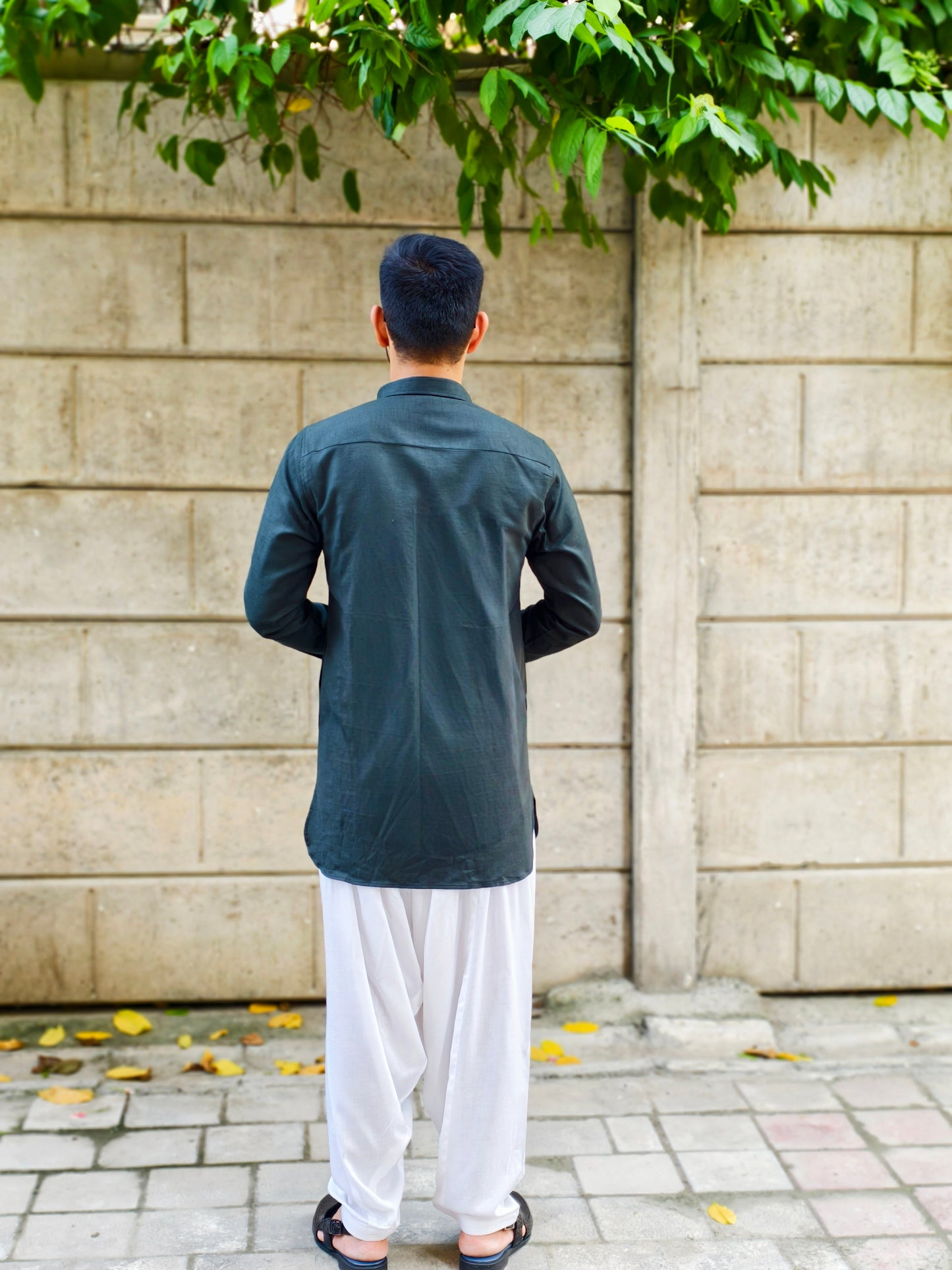 Men’s Dark Green Shirt-Style Kurta with White Dhoti Pants – Modern Ethnic Wear