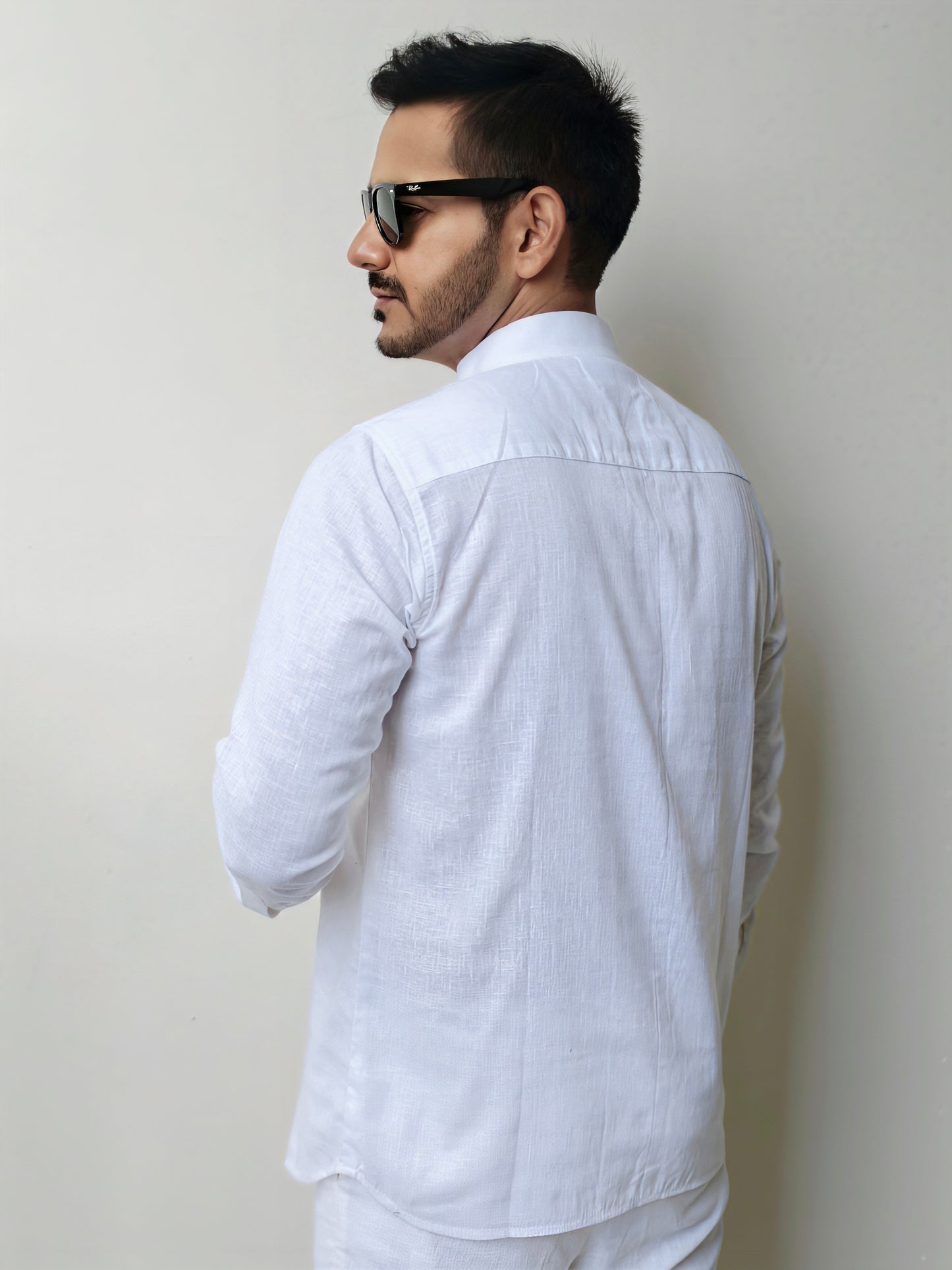 Men's White Mandarin Looped Button Linen Cotton Shirt