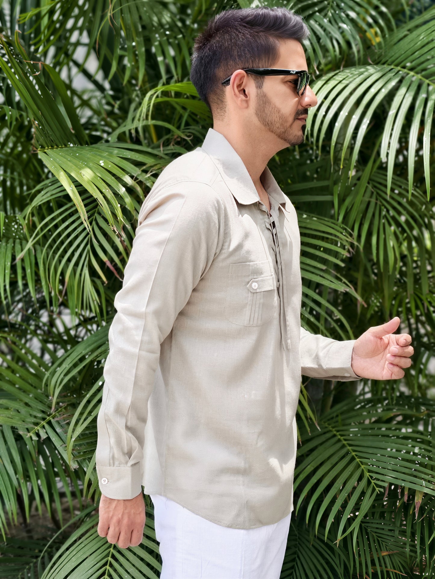 Men’s Lace-Up Collar Linen Cotton Kurta Shirt