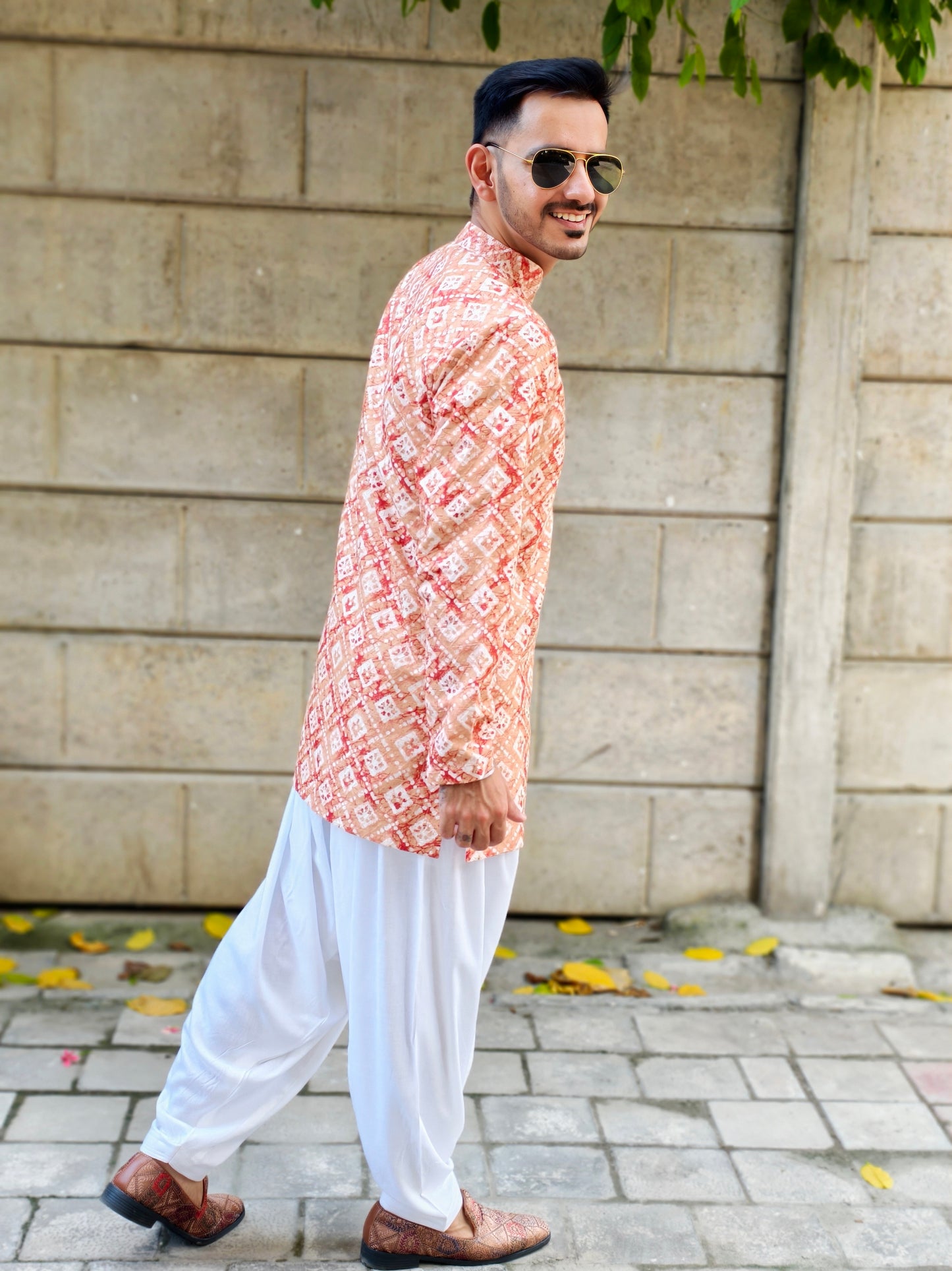 Men’s Split Neck Traditional Diamond Print Kurta Dhoti Set | Ethnic & Festive Wear