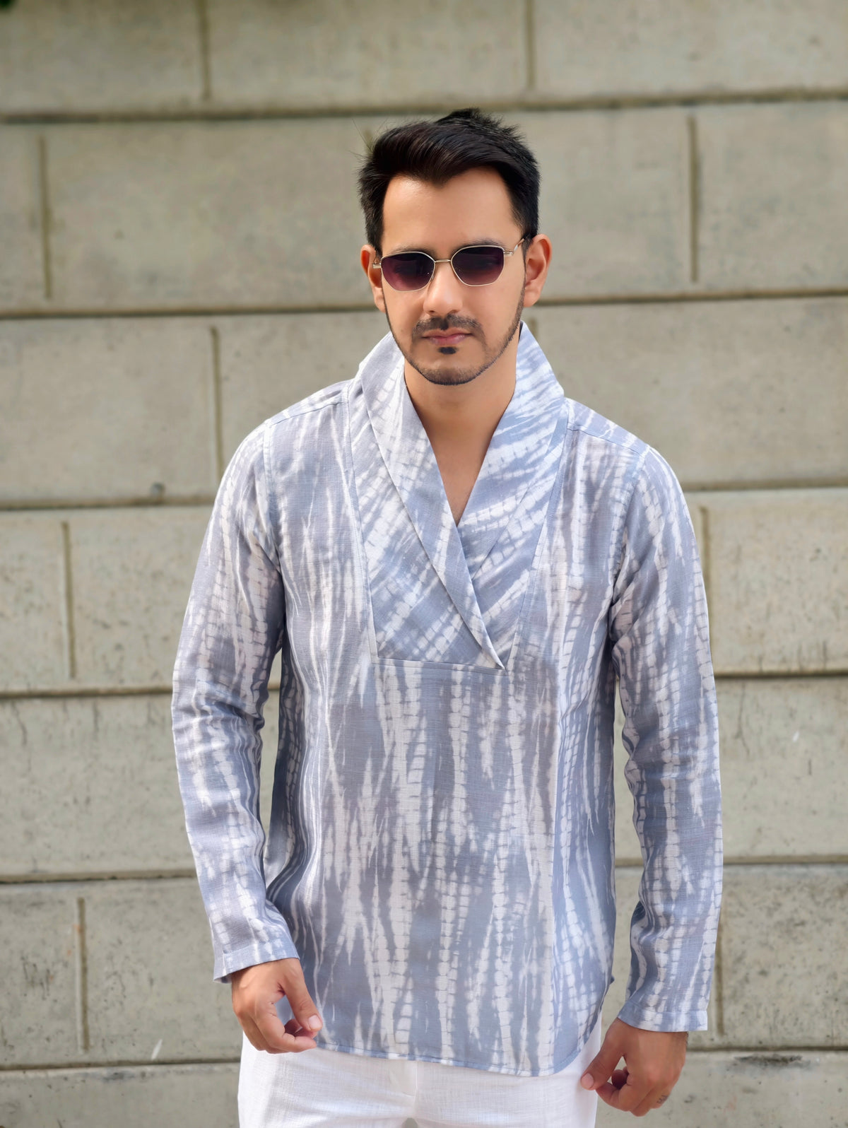 Men’s Grey Tie-Dye Shawl Collar Kurta Shirt