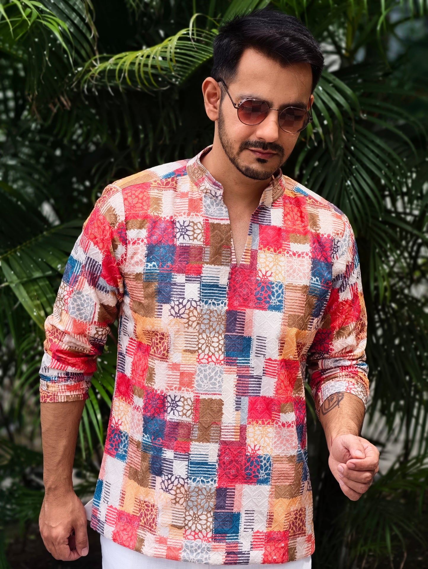Men’s Multicolor Patchwork V-Mandarin Short Kurta