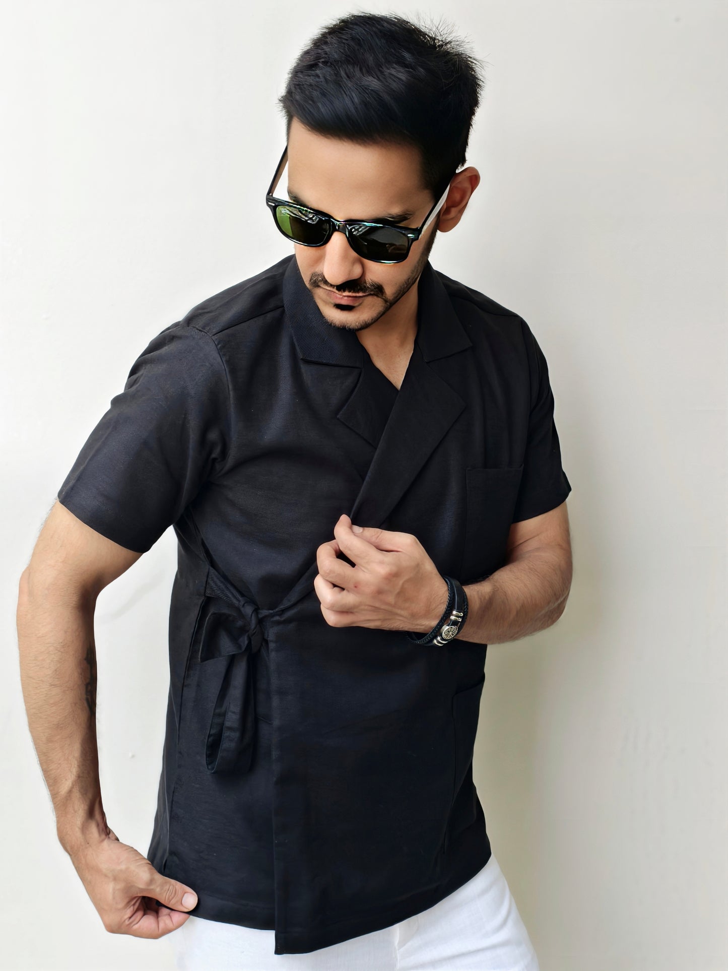 Men’s Black Wrapped Jacket Style Knot Shirt
