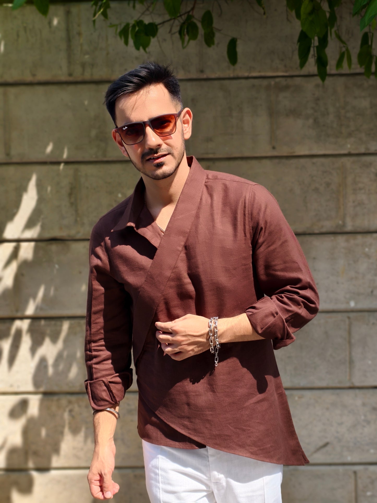 Men’s Designer Brown Asymmetric Casual Wrap Kurta Shirt | Modern Casual & Party Wear