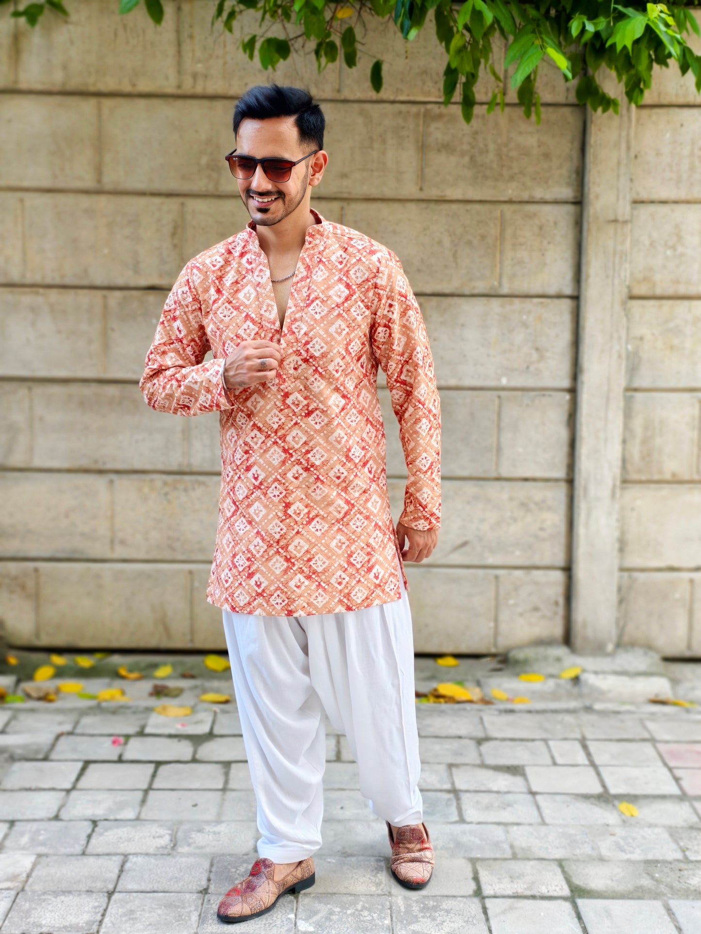 Men’s Split Neck Traditional Diamond Print Kurta Dhoti Set | Ethnic & Festive Wear