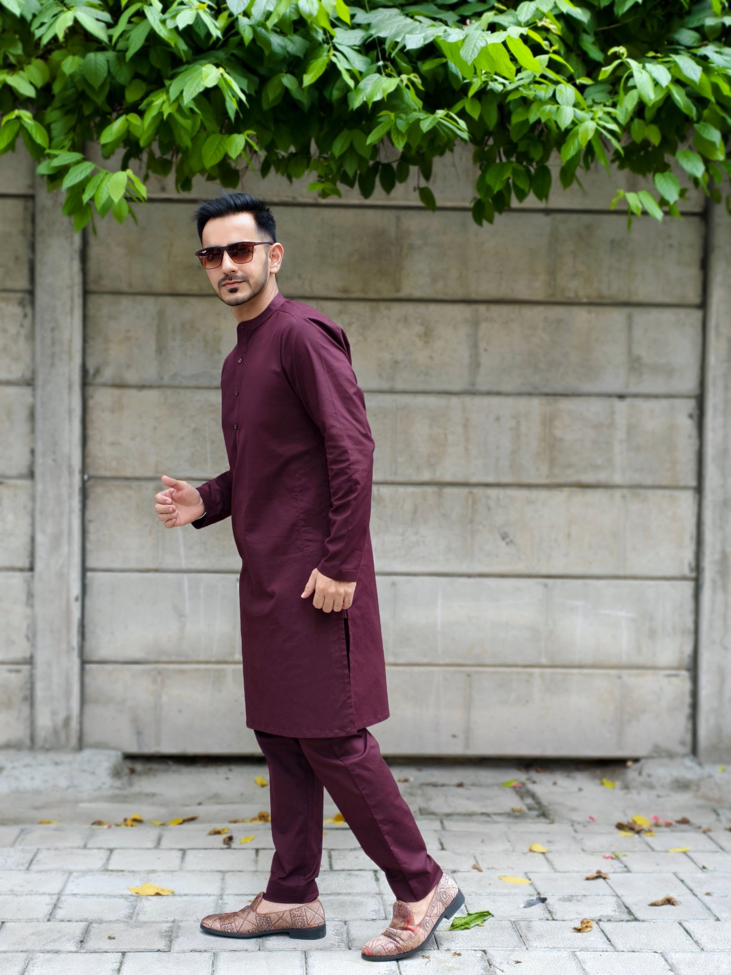 Men’s Solid Maroon Mandarin Collar Kurta Pajama Set | Ethnic Wear for Wedding, Festive & Party