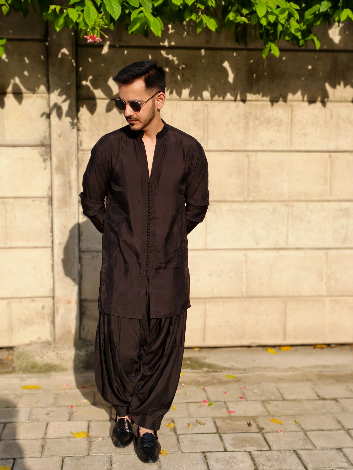 Men’s Black Designer Kurta Set with Pleated Dhoti Pants and Open Jacket