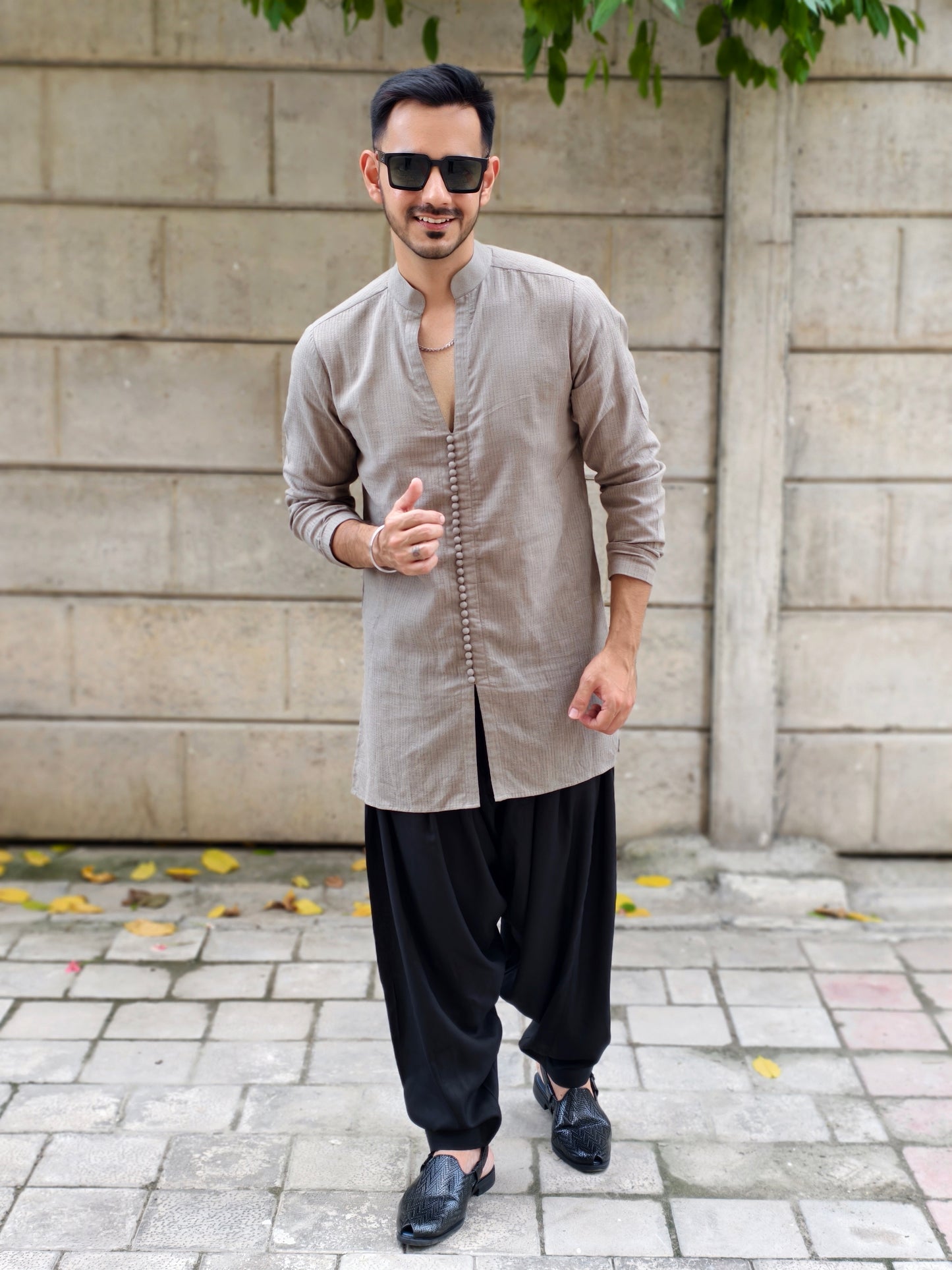 Men’s Taupe Textured Kurta with Black Dhoti Pants – Ethnic Wear Set