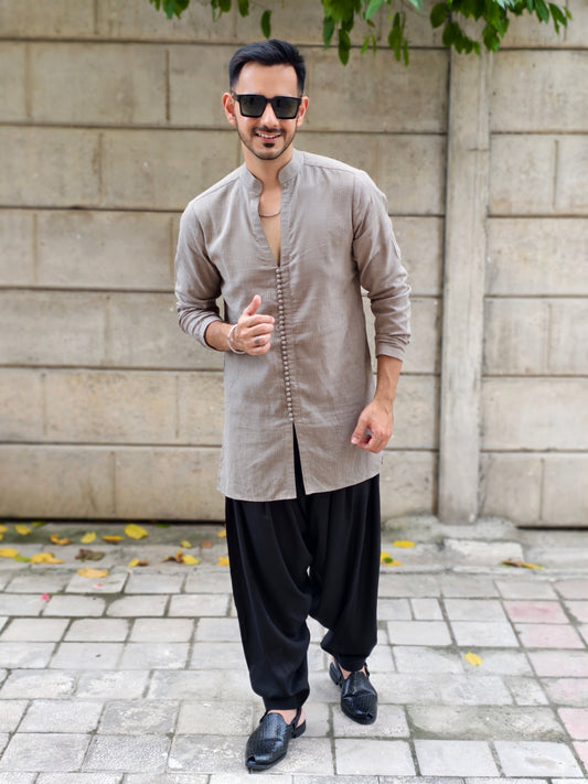 Men’s Taupe Split Mandarin Short Kurta Dhoti Set