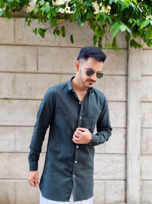 Men’s Dark Green Shirt-Style Kurta with White Dhoti Pants – Modern Ethnic Wear