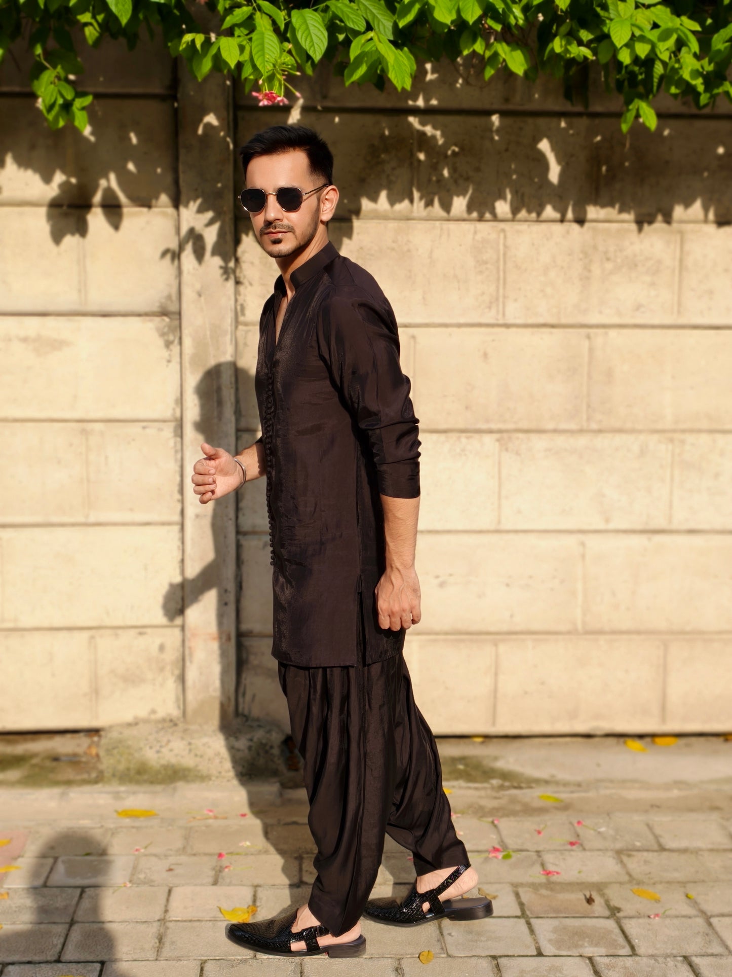 Men’s Black Designer Kurta Set with Pleated Dhoti Pants and Open Jacket